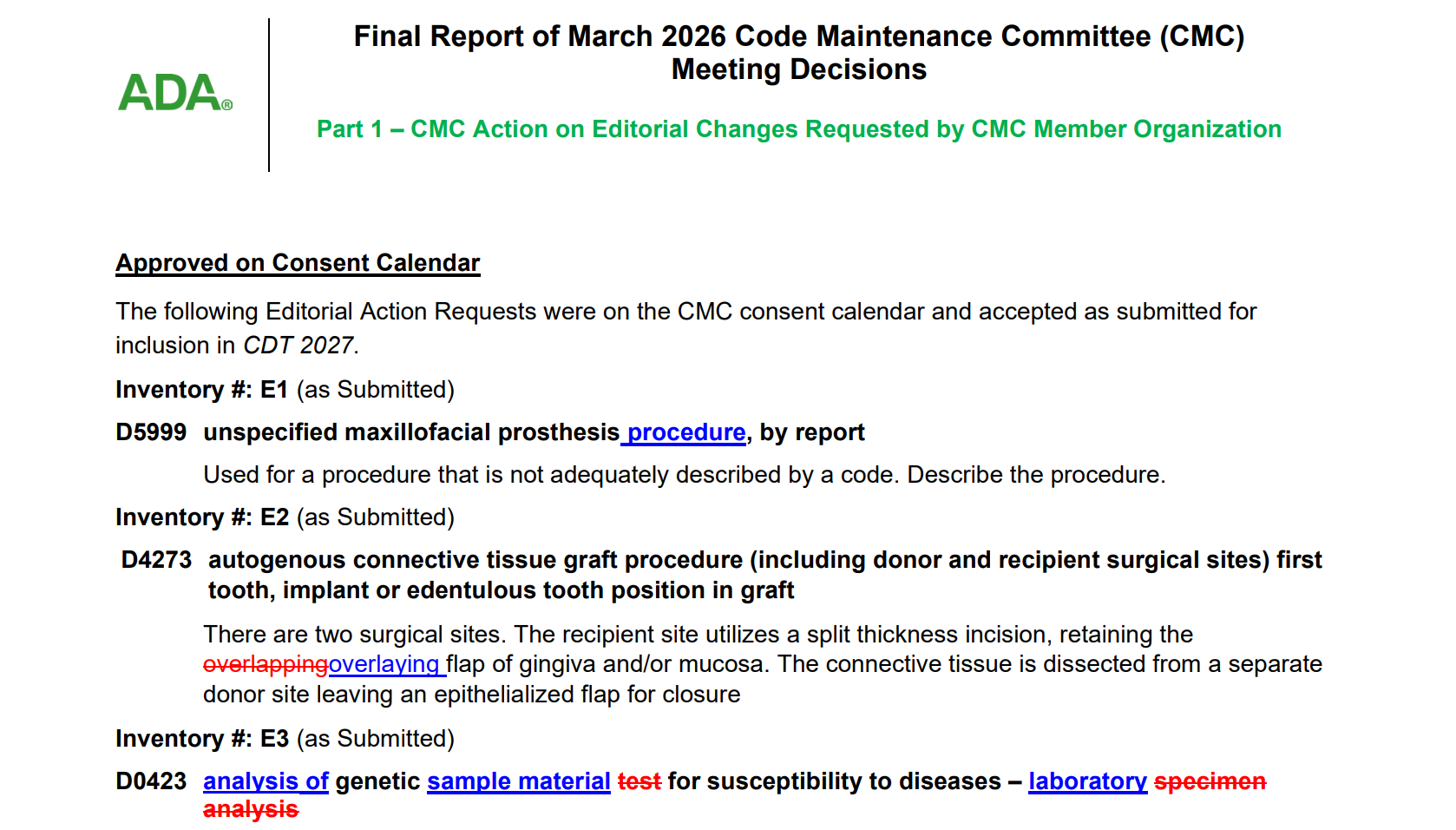图源：ADA 2026年3月代码维护委员会 (CMC) 会议决定报告