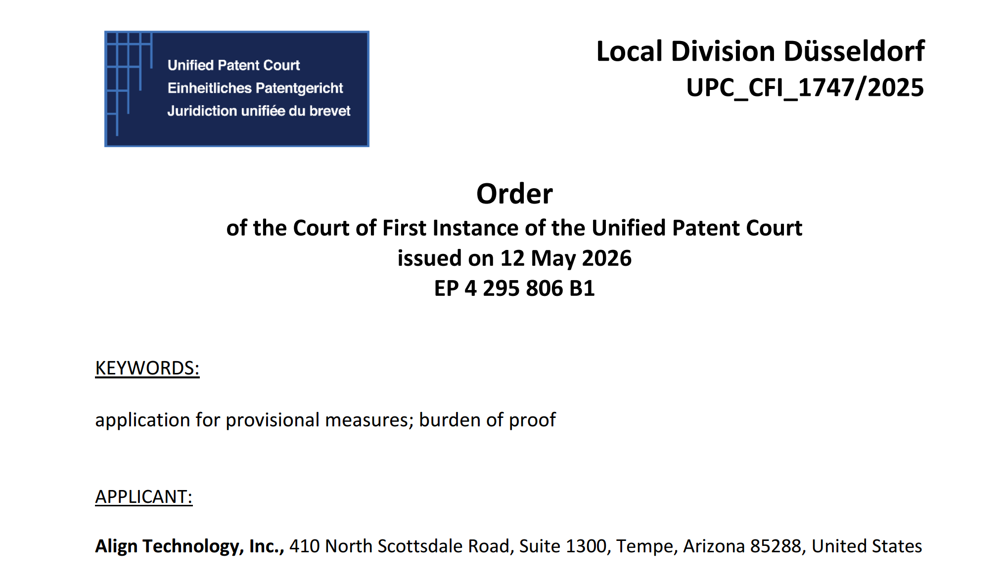 图源：《统一专利法院裁判文书（案号UPC_CFI_1747/2025）》