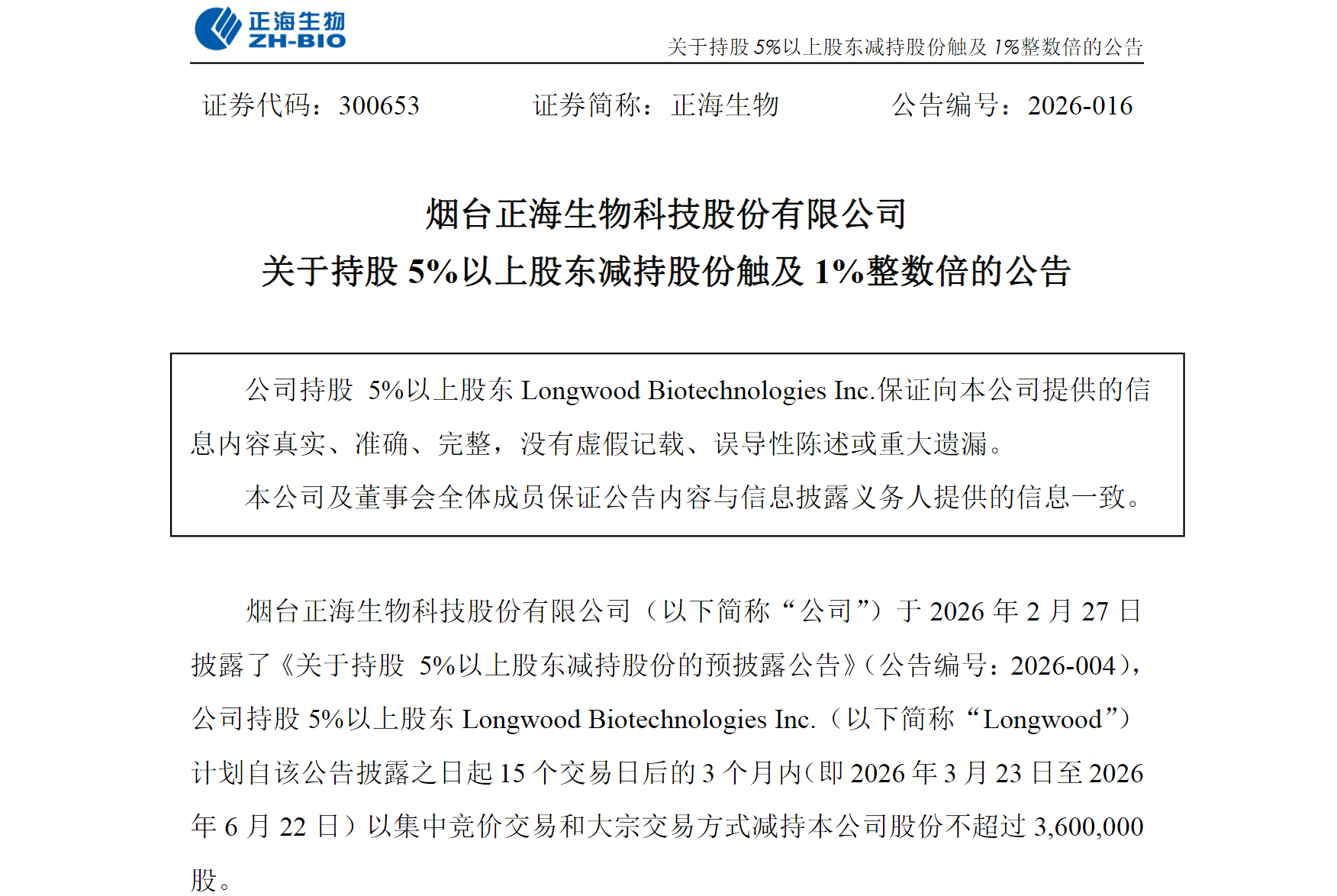 Image Source: Announcement by Zhenghai Bio-tech Co., Ltd. Regarding Share Reduction by Shareholder Holding Over 5% Reaching an Integer Multiple of 1%