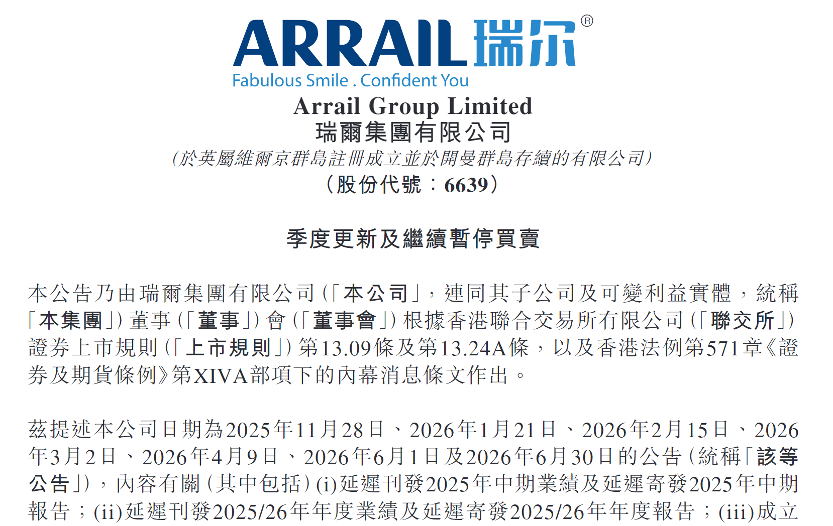 Source: Arrail Group quarterly update and continued suspension of trading announcement
